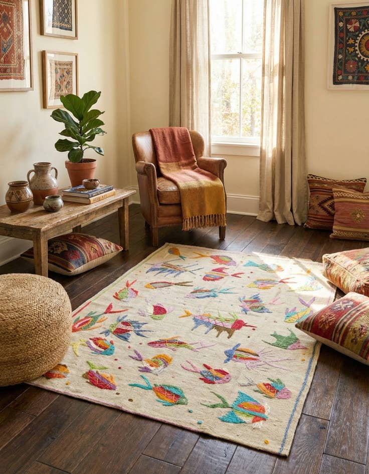 Detail image of 3' 4 x 4' 5  Hand Woven Kilim Suzani Wool Rug