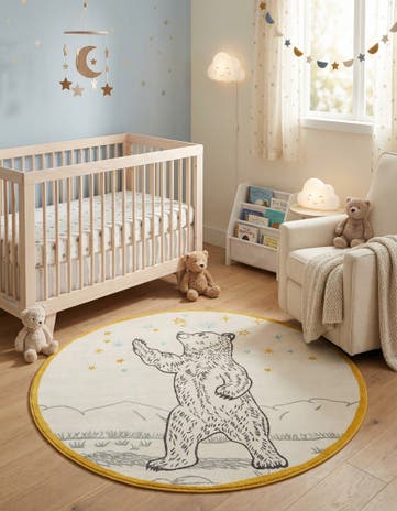 Ivory and Gray Bear Whimsy Kids Round Rug