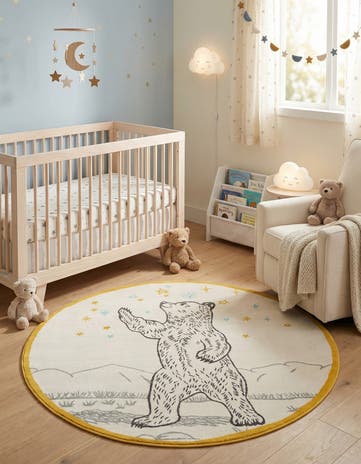 Ivory and Gray Bear Whimsy Kids Round Rug
