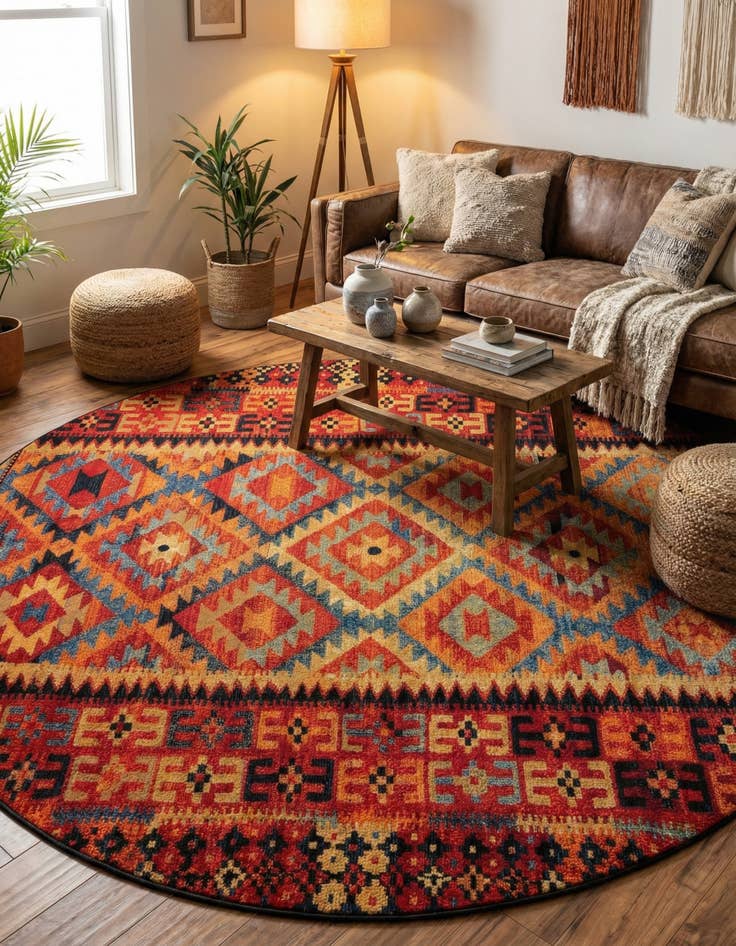 Detail image of 10' x 10'  Washable Tribal Indoor / Outdoor Round Rug
