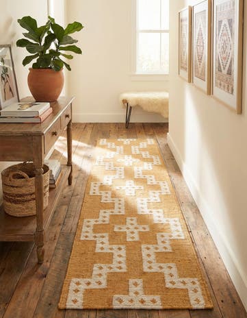 Gold and Ivory Hand Woven Kilim Wool Runner Rug