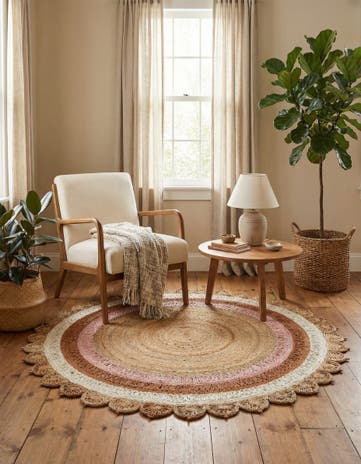 Natural White Orange Pink Handmade Braided Jute Round Rug