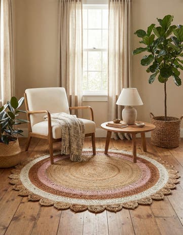 Natural White Orange Pink Handmade Braided Jute Round Rug