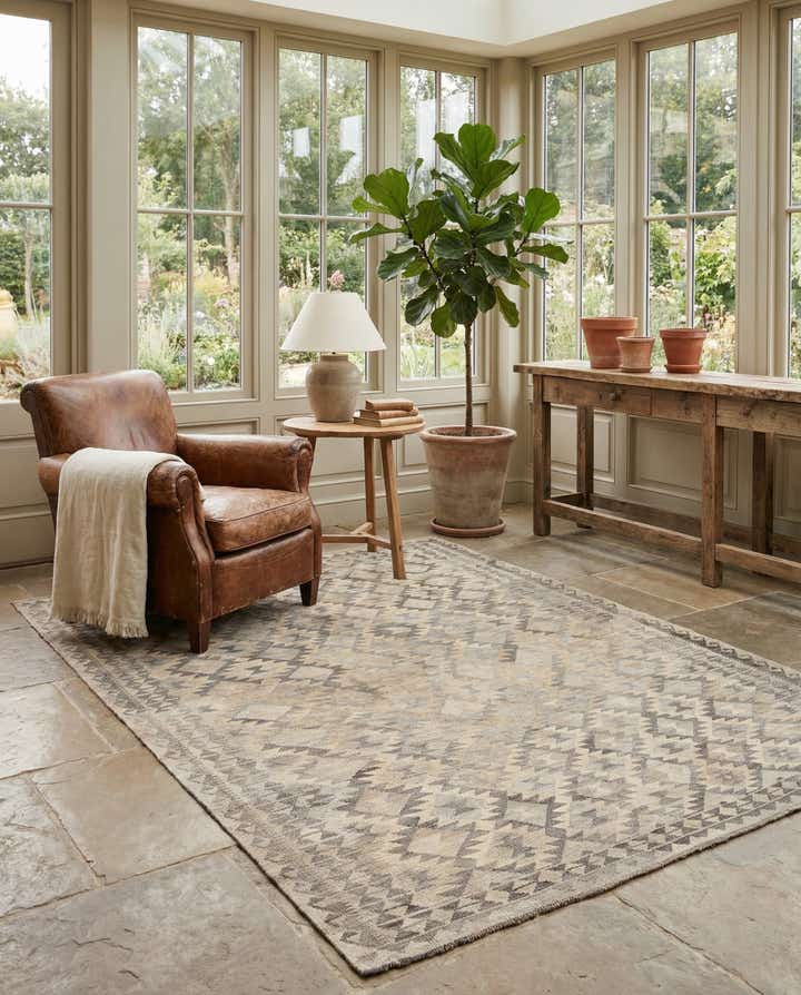 7' 1 x 9' 8 Hand Woven Kilim Maymana Wool Rug