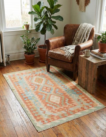 3' 2 x 4' 10 Hand Woven Kilim Waziri Wool Rug
