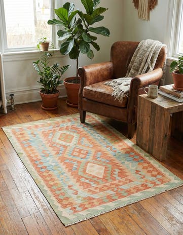 3' 2 x 4' 10 Hand Woven Kilim Waziri Wool Rug