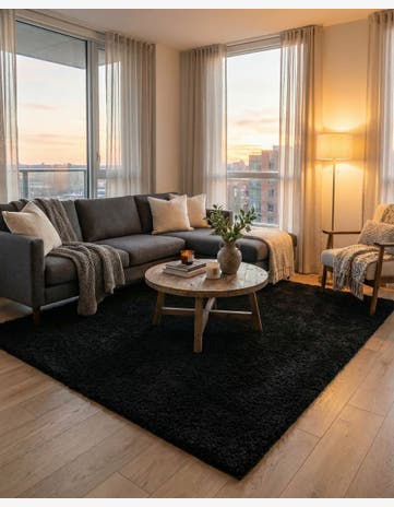 Jet Black Solid Shag Square Rug