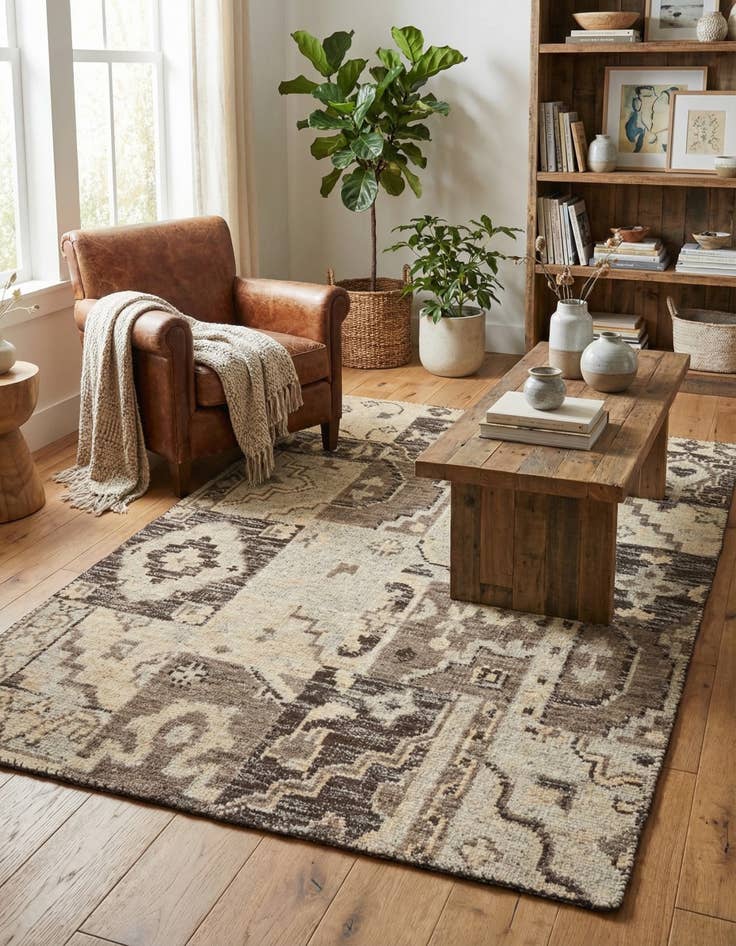 Detail image of 4' x 5' 9  Hand Knotted Patchwork Wool Rug