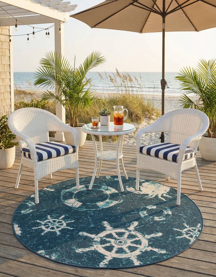 Detail image of 4' x 4'  Washable Coastal Indoor / Outdoor Round Rug