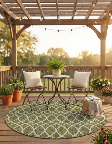 Green Easy-Clean Lattice Indoor / Outdoor Round Rug