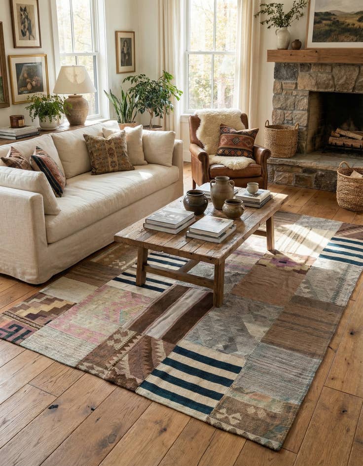 Detail image of  5' 2 x 7' 9  Hand Woven Kilim Patchwork Wool Rug