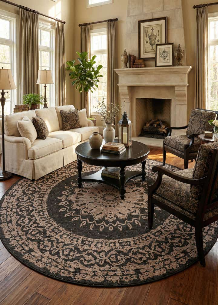 13' x 13' Easy-Clean Traditional Indoor / Outdoor Round Rug