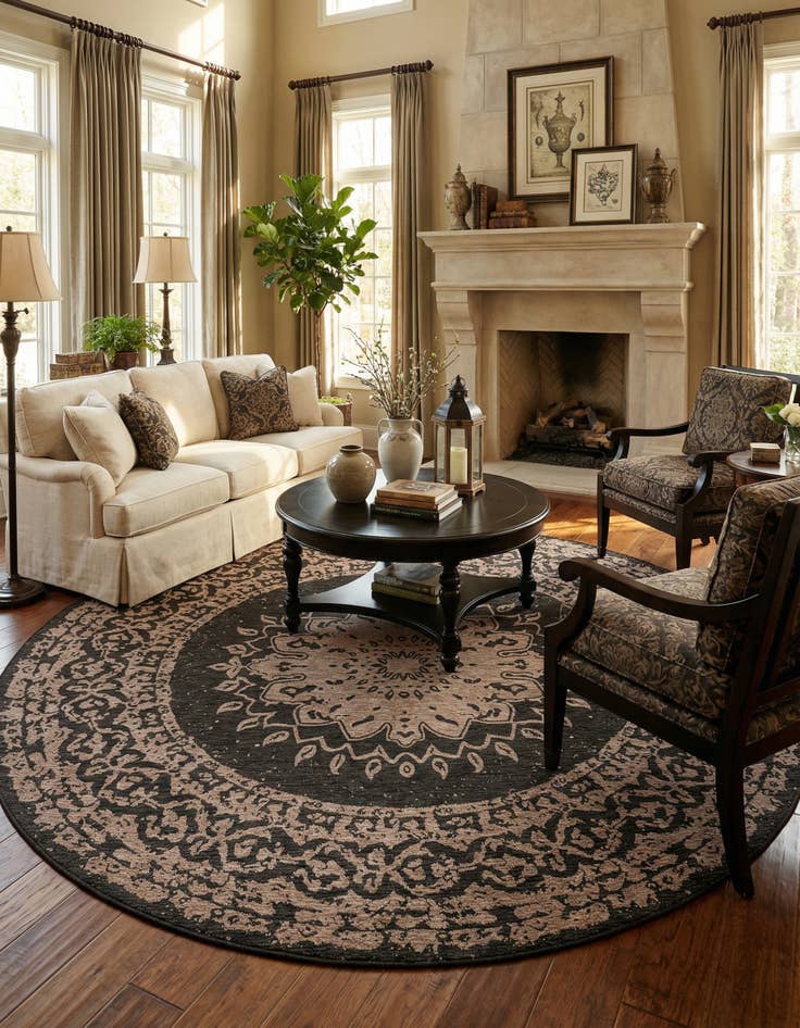 Detail image of  13' x 13'  Washable Traditional Indoor / Outdoor Round Rug