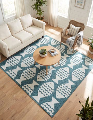 Turquoise Easy-Clean Coastal Indoor / Outdoor Square Rug