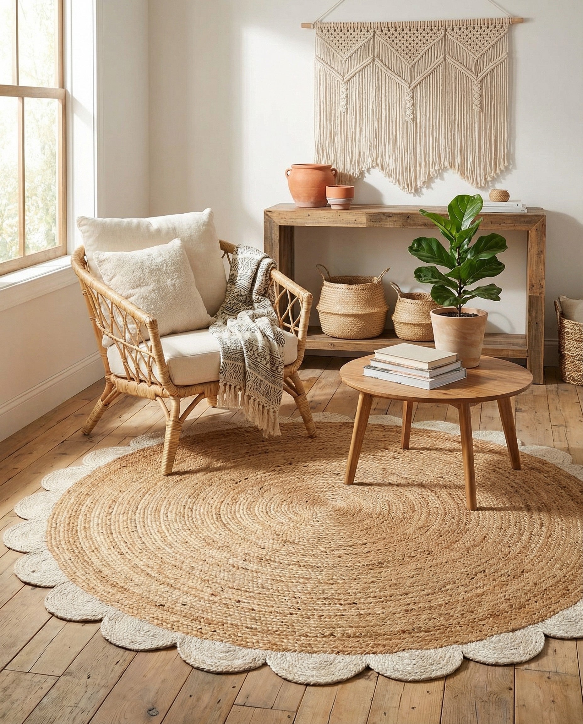  4' 1 x 4' 1  Hand Scallop Braided Jute Round Rug