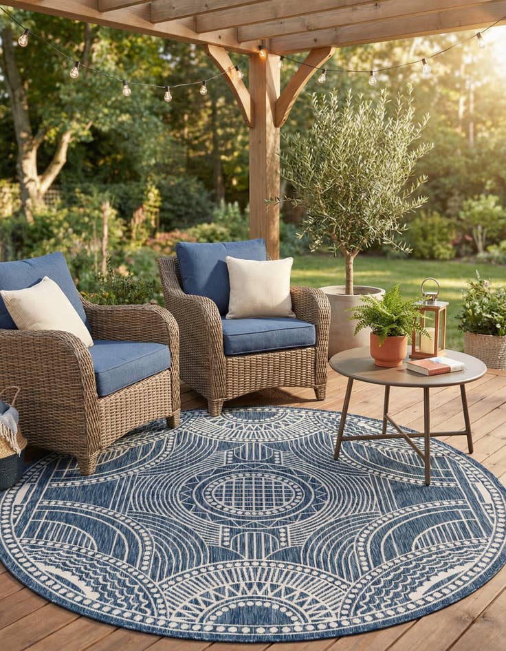 Detail image of 7' 10 x 7' 10  Washable Traditional Indoor / Outdoor Round Rug