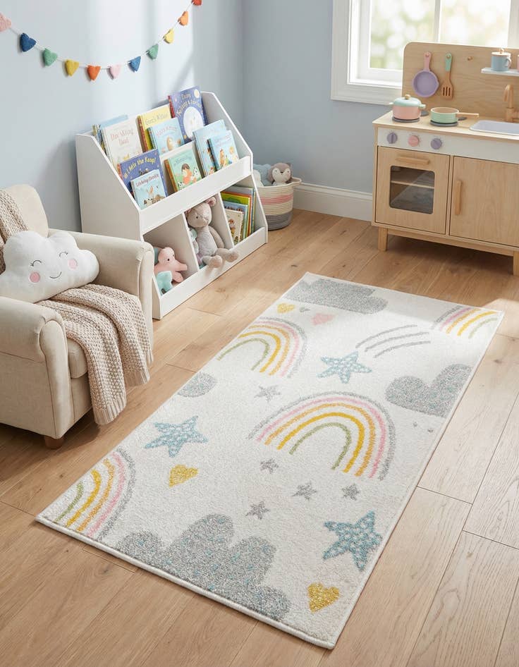 Detail image of 2' 2 x 4' Clouds and Rainbows Whimsy Kids Runner Rug