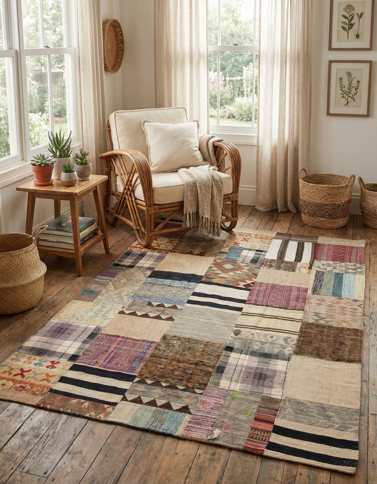 Detail image of 5' 5 x 7' 11  Hand Woven Kilim Patchwork Wool Rug