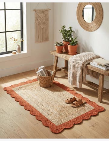 Natural and Terracotta Handmade Scallop Braided Jute Rug