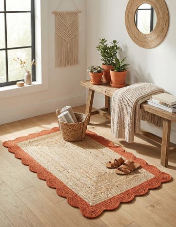 Natural and Terracotta Handmade Scallop Braided Jute Rug