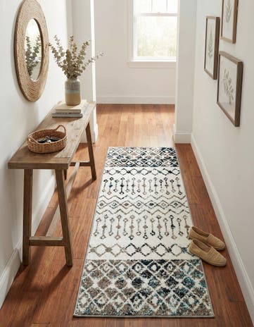 Ivory Gray Blue Moroccan Trellis Runner Rug