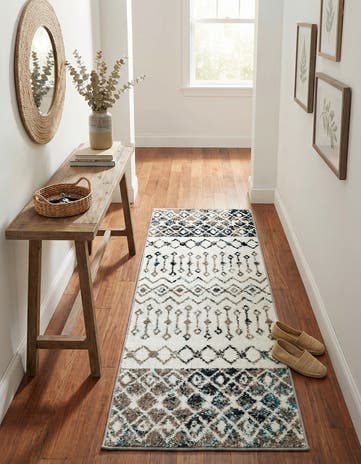 Ivory Gray Blue Moroccan Trellis Runner Rug