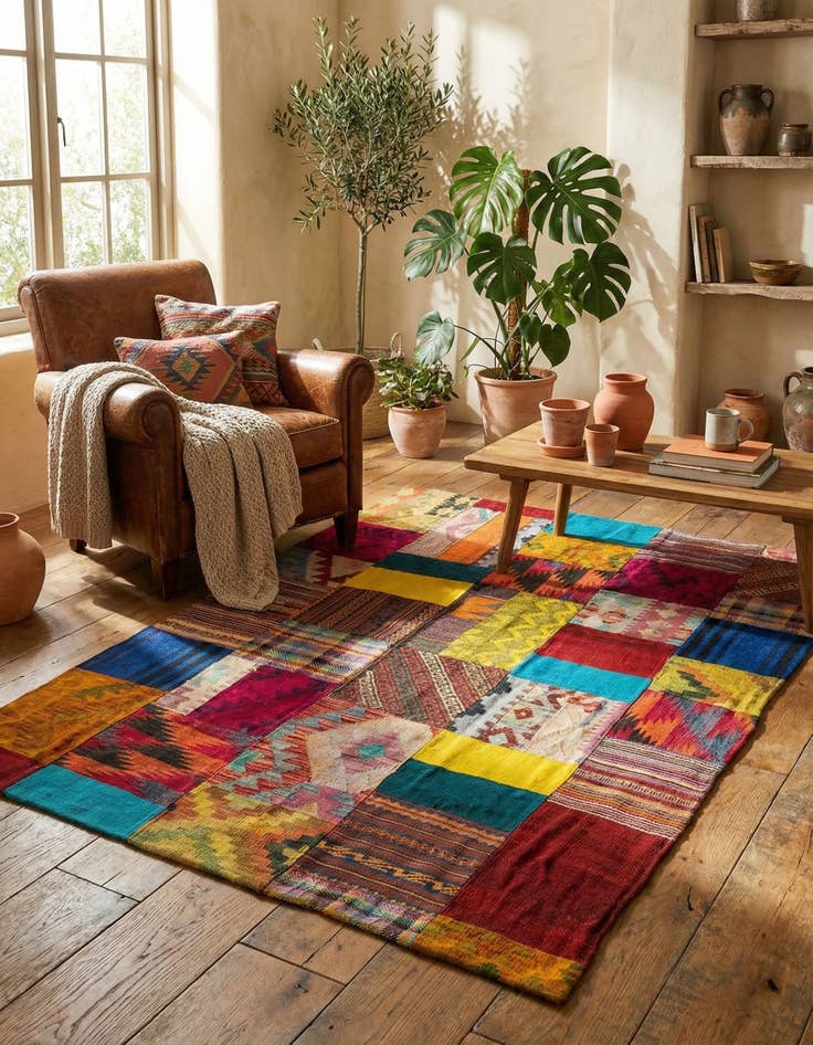 Detail image of 4' 2 x 5' 10  Hand Woven Kilim Patchwork Wool Rug