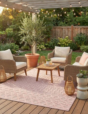 Pink Easy-Clean Trellis Textured Indoor / Outdoor Square Rug