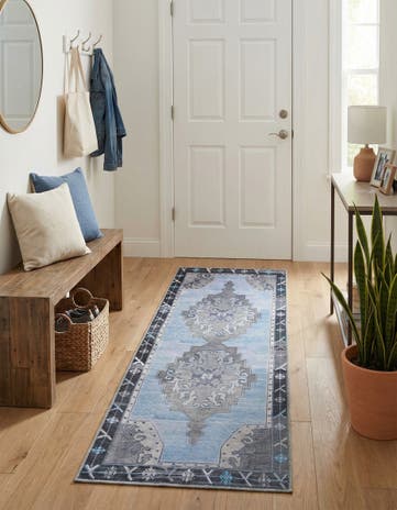 Blue Gray Washable Timeless Runner Rug