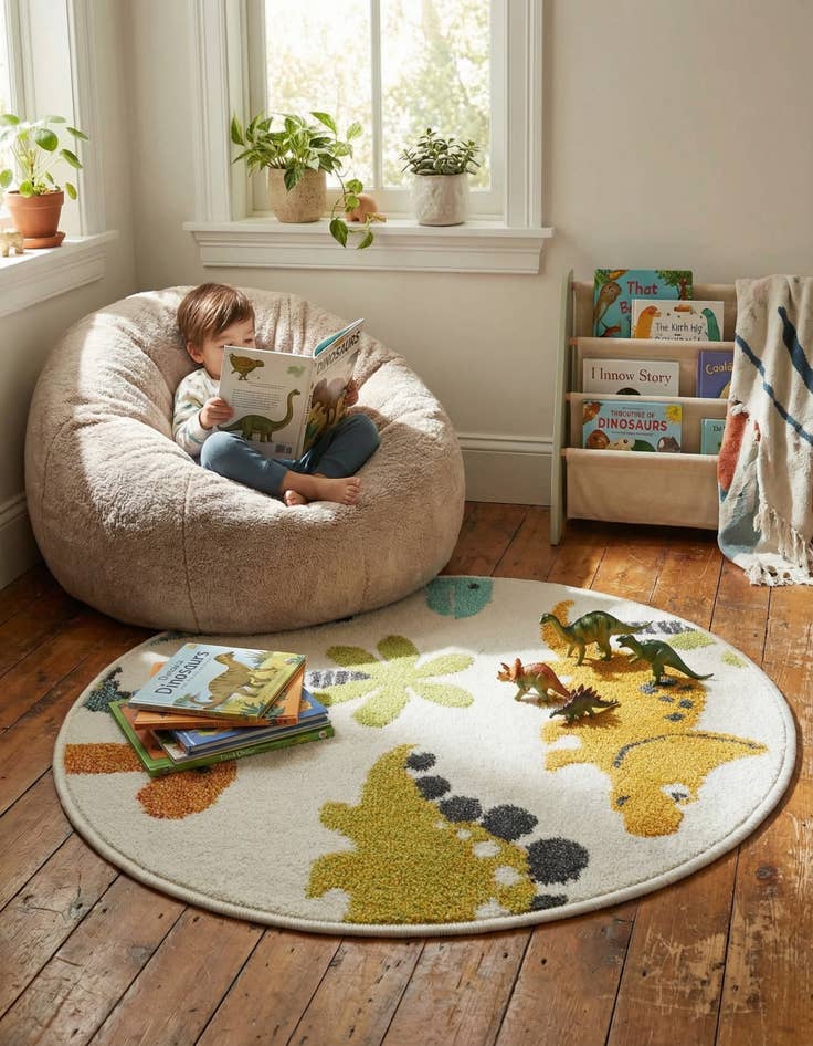 Detail image of 2' 2 x 2' 2 Dinosaur Whimsy Kids Round Rug