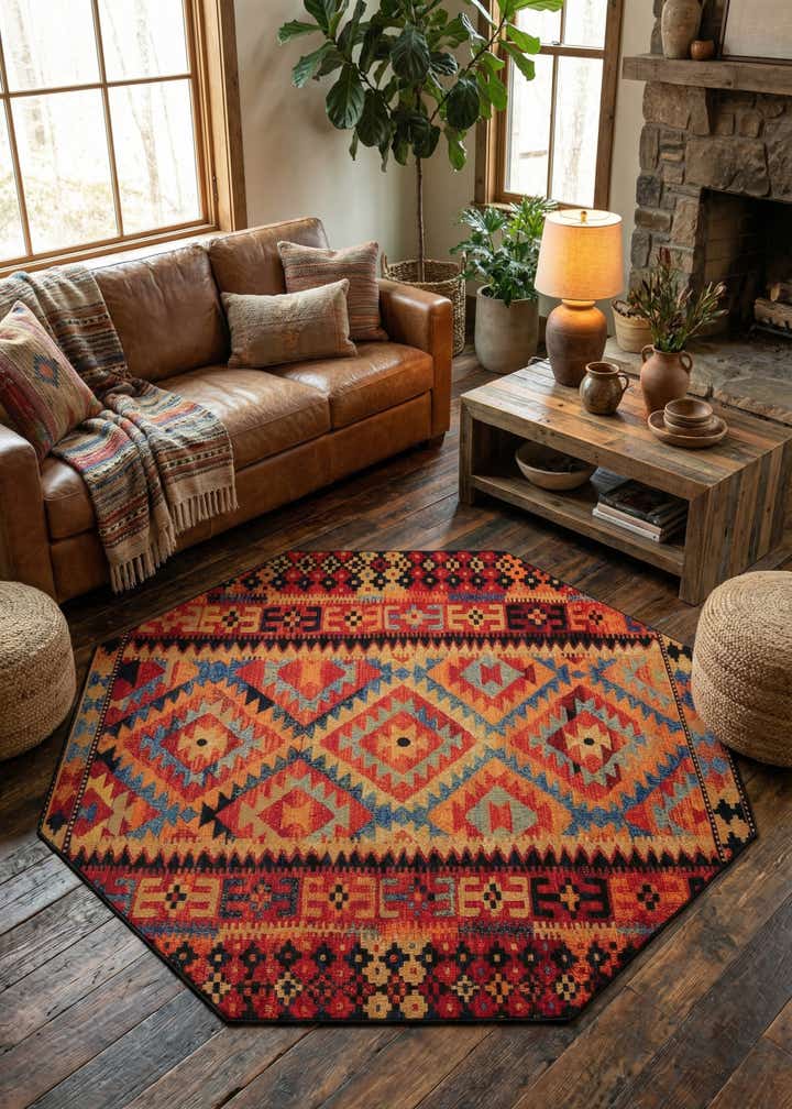 7' 10 x 7' 10 Easy-Clean Tribal Indoor / Outdoor Octagon Rug