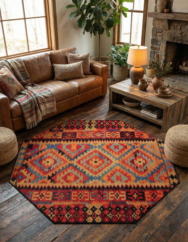 Detail image of 7' 10 x 7' 10 Easy-Clean Tribal Indoor / Outdoor Octagon Rug