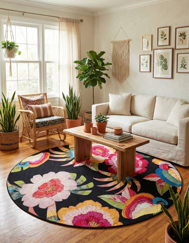 Detail image of  7' 10 x 7' 10  Washable Botanical Indoor / Outdoor Round Rug