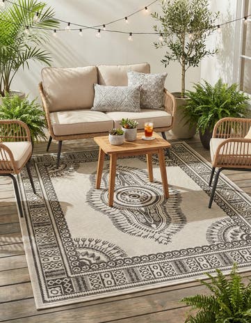 White and Black Easy-Clean Traditional Indoor / Outdoor Rug