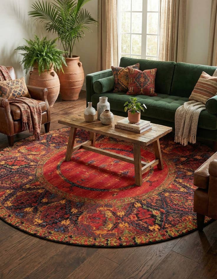 Detail image of 10' x 10' Easy-Clean Tribal Indoor / Outdoor Round Rug