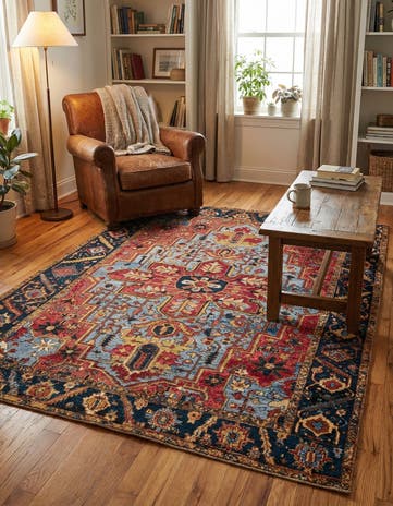 Rust Red and Blue Easy-Clean Traditional Indoor / Outdoor Rug