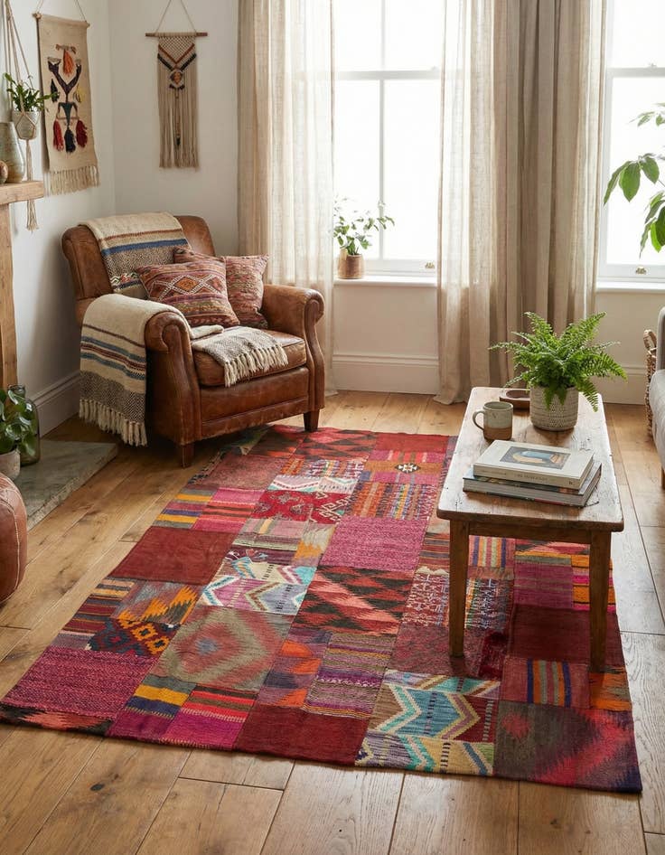 Detail image of  4' 10 x 6' 7  Hand Woven Kilim Patchwork Wool Rug