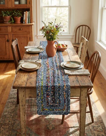 Blue and Multi Handmade Braided Chindi Table Runner Rug
