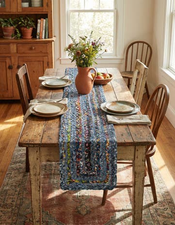 Blue and Multi Handmade Braided Chindi Table Runner Rug