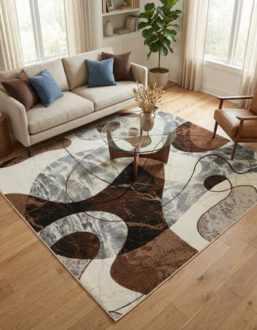 Brown and White Easy-Clean Modern Indoor / Outdoor Square Rug