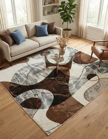 Brown and White Easy-Clean Modern Indoor / Outdoor Square Rug