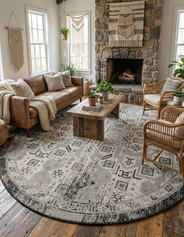 Detail image of  10' x 10'  Washable Aztec Indoor / Outdoor Round Rug