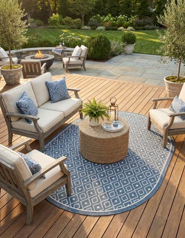 Navy Blue Easy-Clean Lattice Indoor / Outdoor Oval Rug