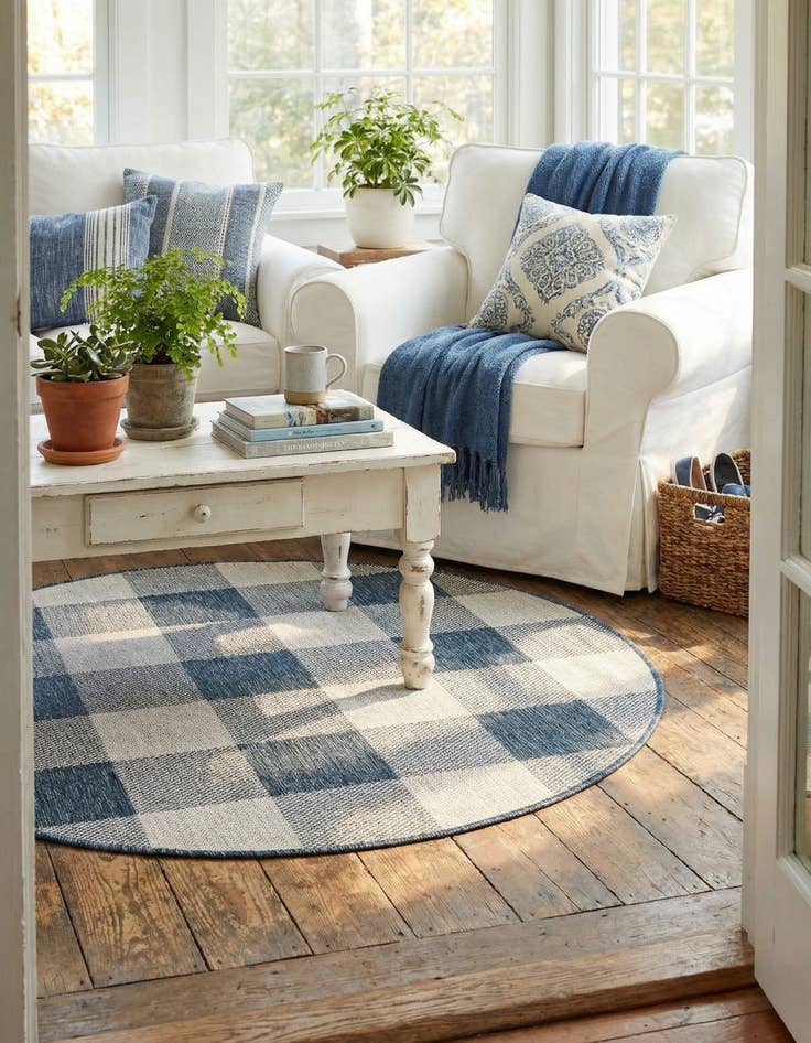 Detail image of  3' x 3'  Washable Checkered Indoor / Outdoor Round Rug