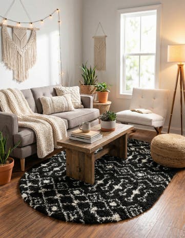 Black and White Moroccan Trellis Shag Oval Rug