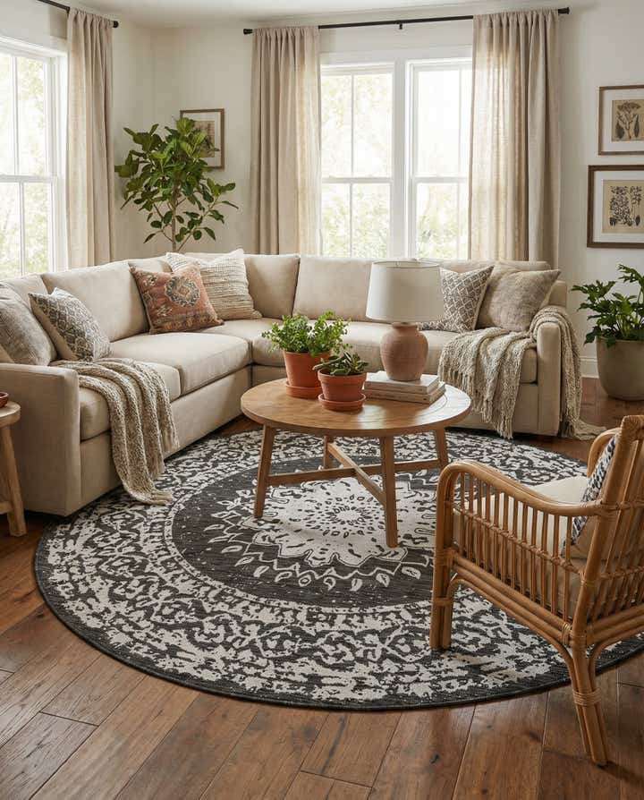 7' 10 x 7' 10 Easy-Clean Traditional Indoor / Outdoor Round Rug