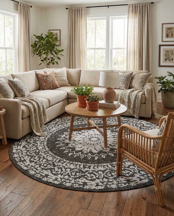 Detail image of 7' 10 x 7' 10 Easy-Clean Traditional Indoor / Outdoor Round Rug