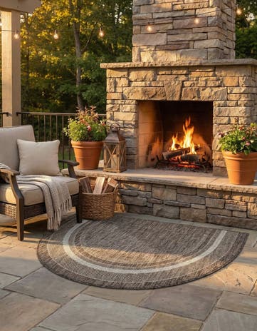 Brown Easy-Clean Border Indoor / Outdoor Hearth Rug