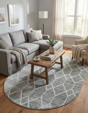 Gray Lattice Trellis Oval Rug