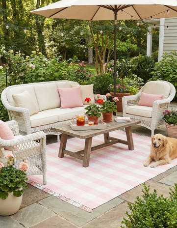 Pink Easy-Clean Eco Plaid Washable Indoor / Outdoor Square Rug